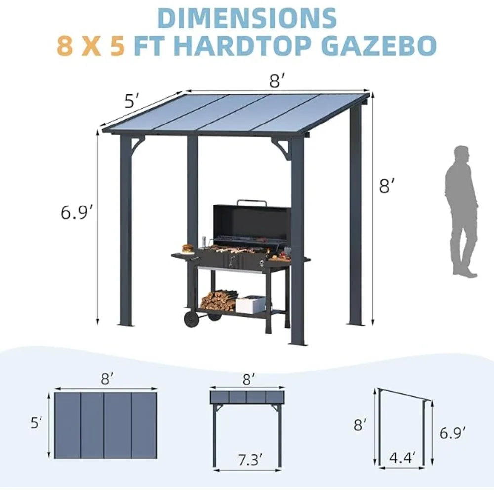 Lean-to Hardtop Grill Gazebo Shelter with Roof, Wall-Mounted Heavy Duty Awning for Patio, Deck, or Outdoor BBQ