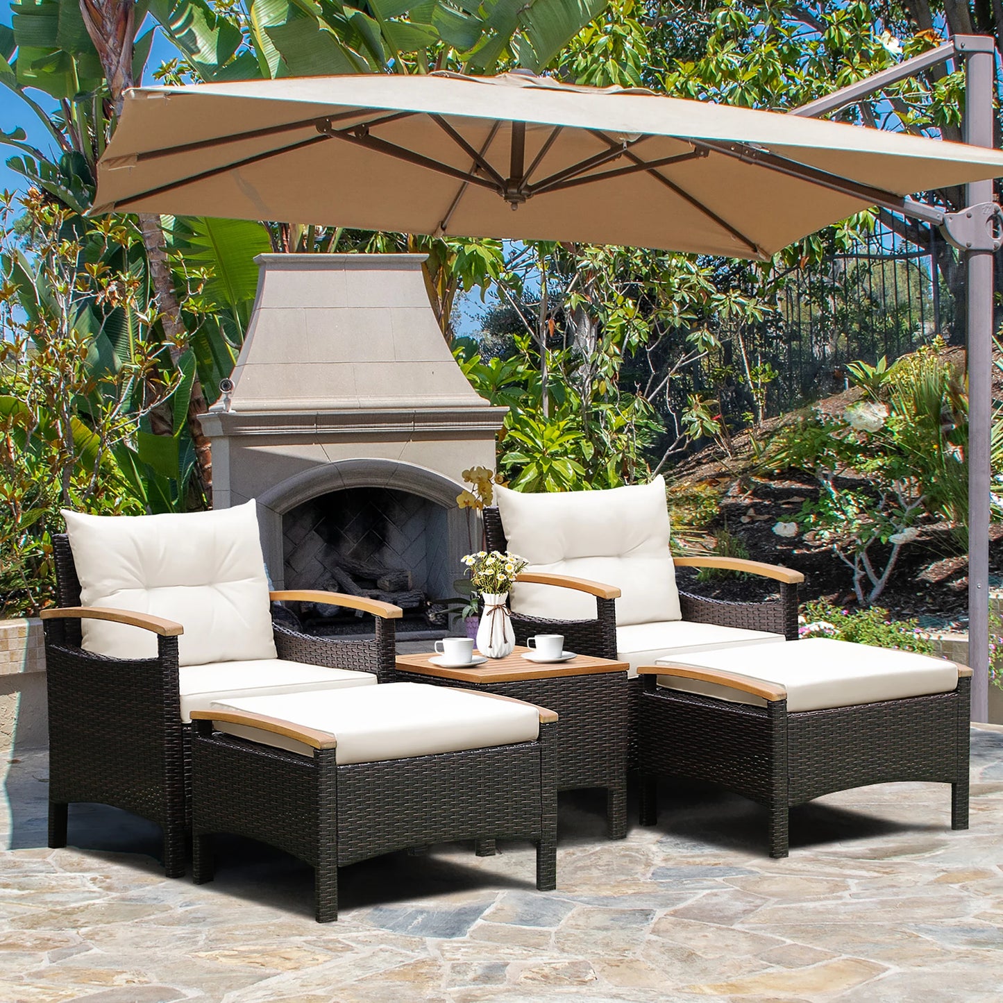 5-PCS Patio Rattan Wicker Furniture Set, 2 Chairs, 2 Ottomans with Table