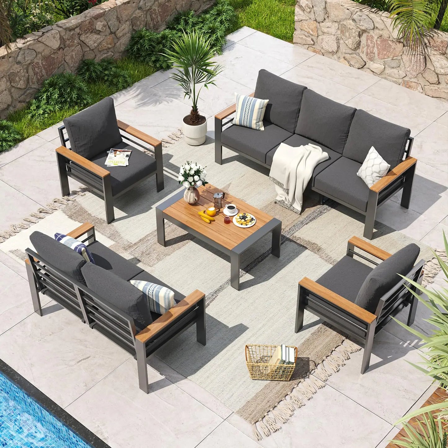 7‑Seat Aluminum Patio Furniture Set – Oversized Outdoor Sectional with Washable Thick Cushions & Coffee Table