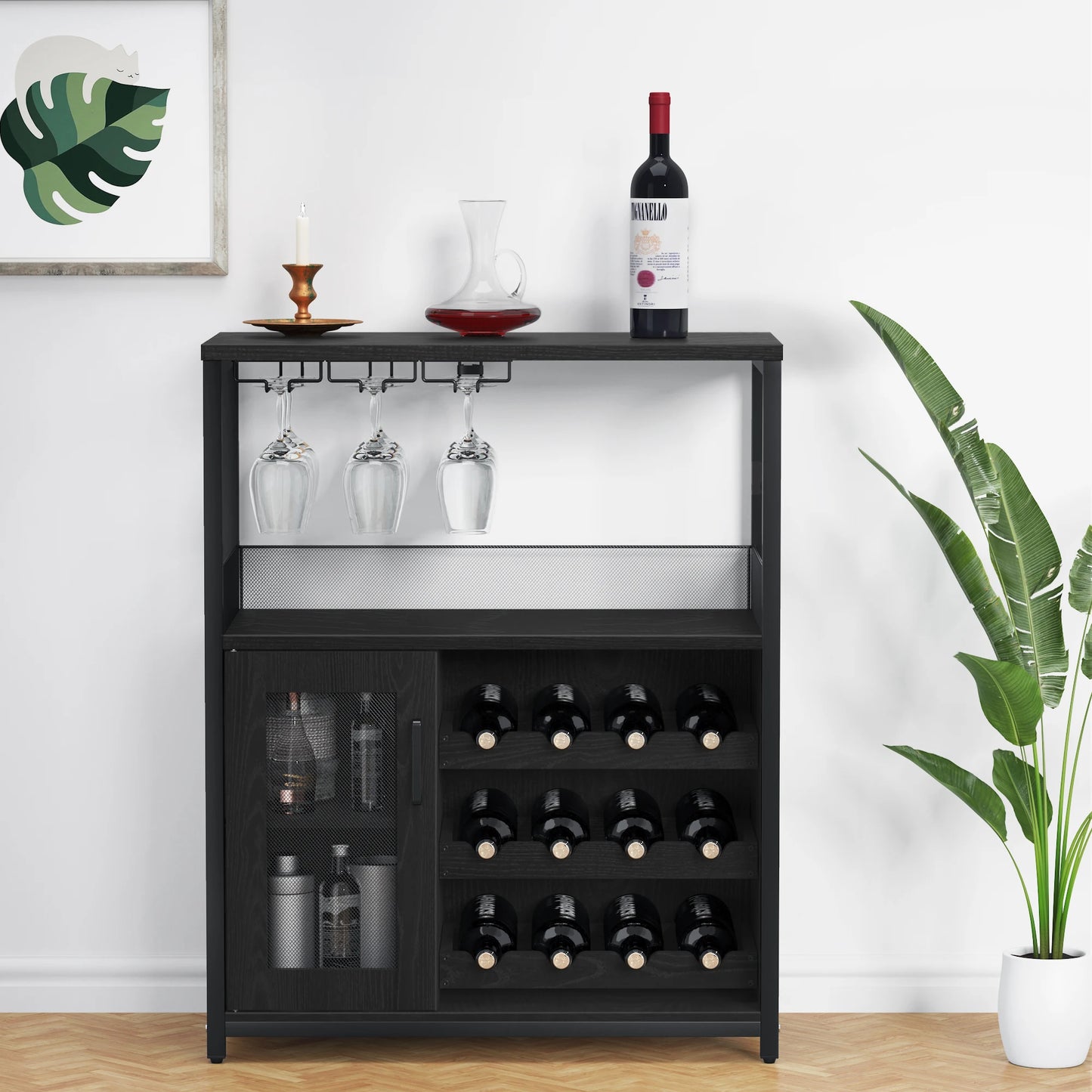 Vintage 3-Tier Wine Bar Cabinet With Adjustable Shelves & Glass Holder