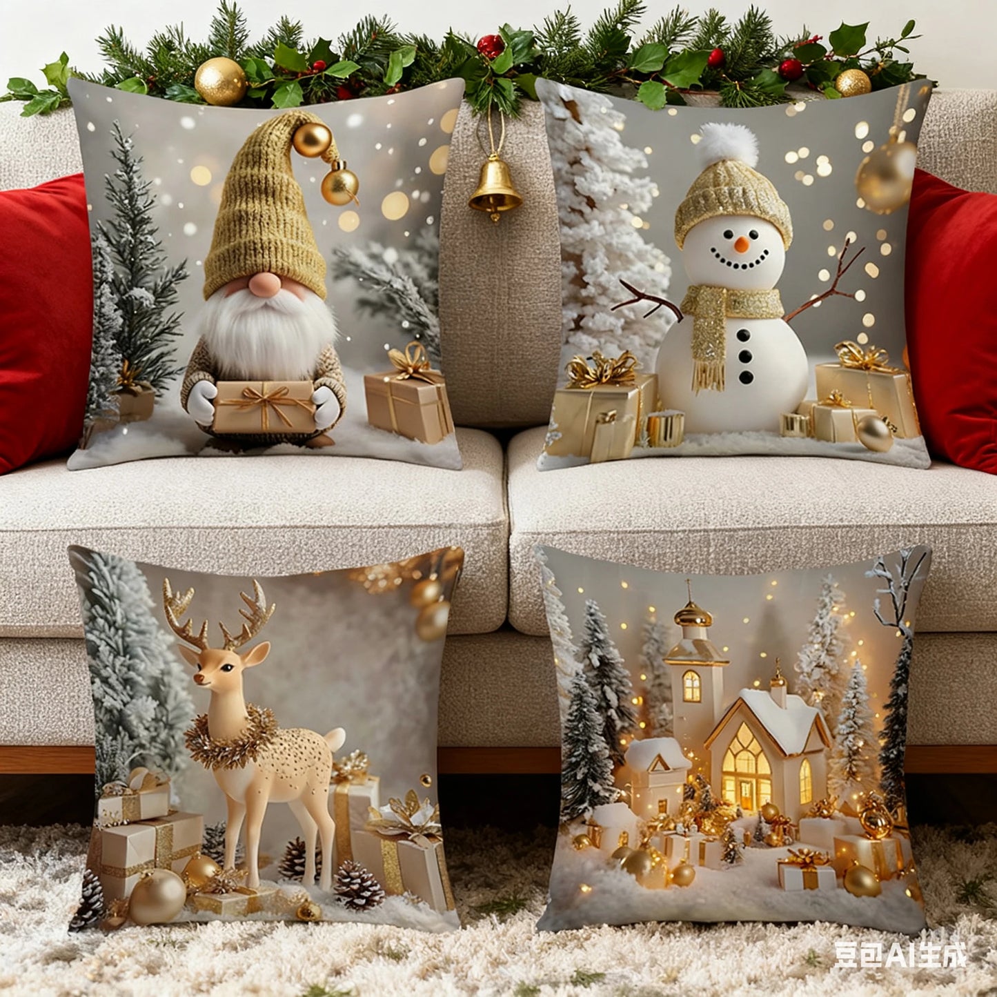 Christmas Pillow Covers (4‑Pack) – Festive Santa, Snowman, Reindeer & Tree Designs