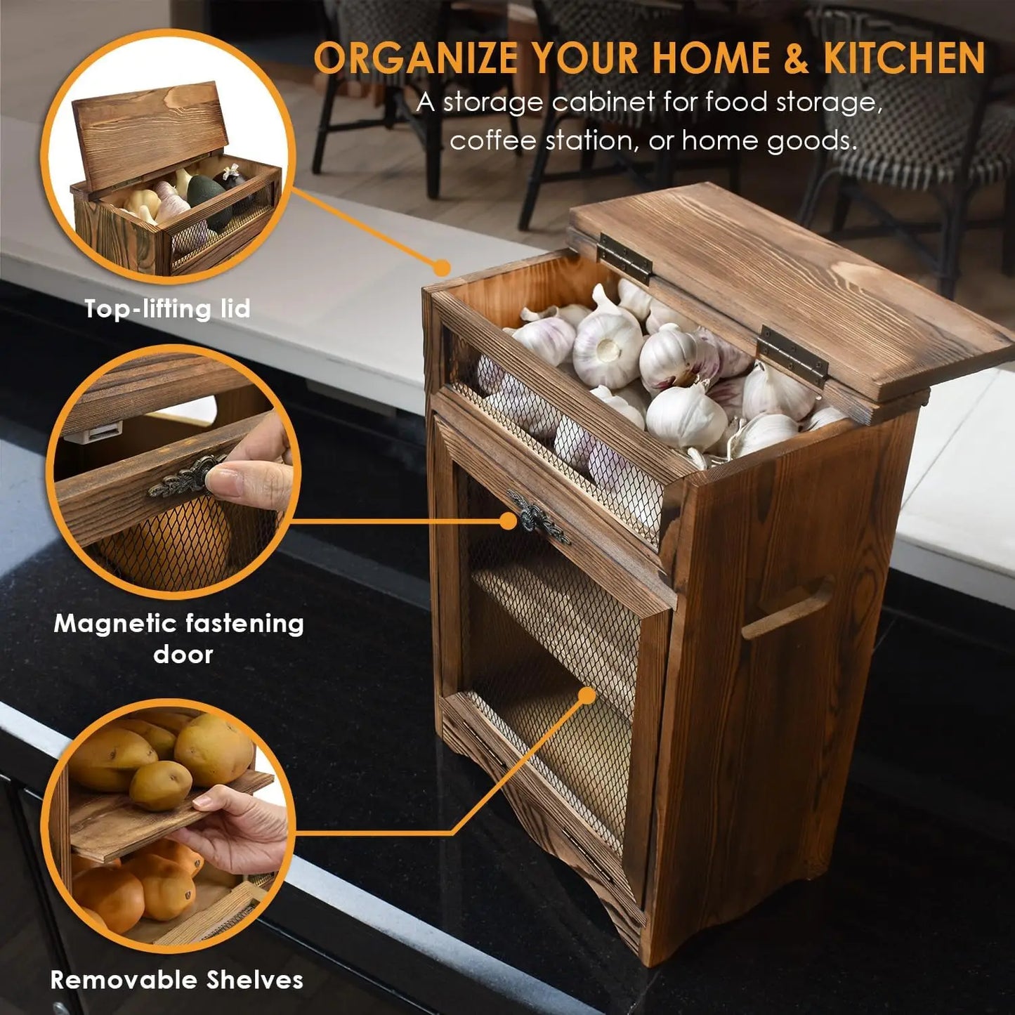 Wooden Countertop Storage Bin for Potatoes Onions Bread, Rustic Oak Finish, 11.8x6.8x16 Inches