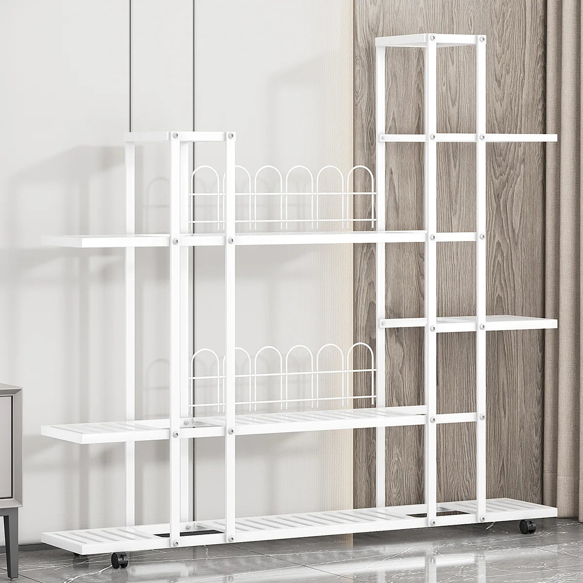 Plant Stand Indoor Outdoor, Wrought Iron Multiple Planter Rack Organizer w/Wheels Flower Display Stand for Balcony Garden