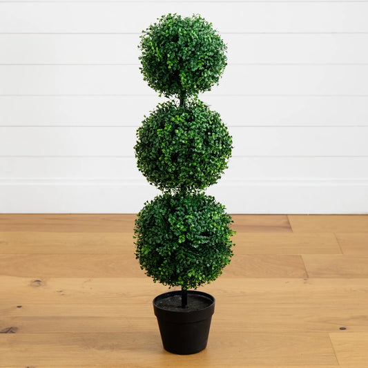 3' Artificial Boxwood Triple‑Ball Topiary – Indoor/Outdoor Faux Tree in Pot