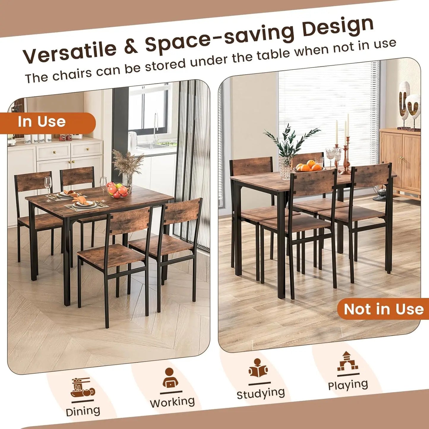 5-Piece Dining Table Set - Table and 4 Chairs with Backrest and Metal Frame