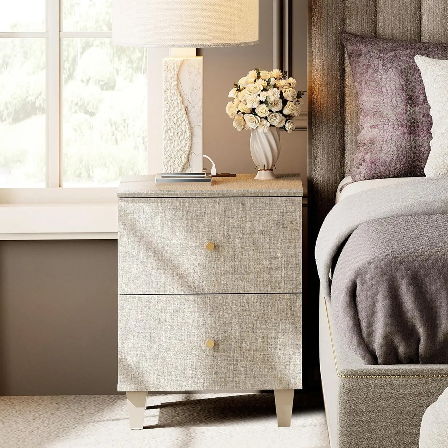 Nightstands with Charging Station – Wood Bedside Tables with 2 Drawers & AC Outlets