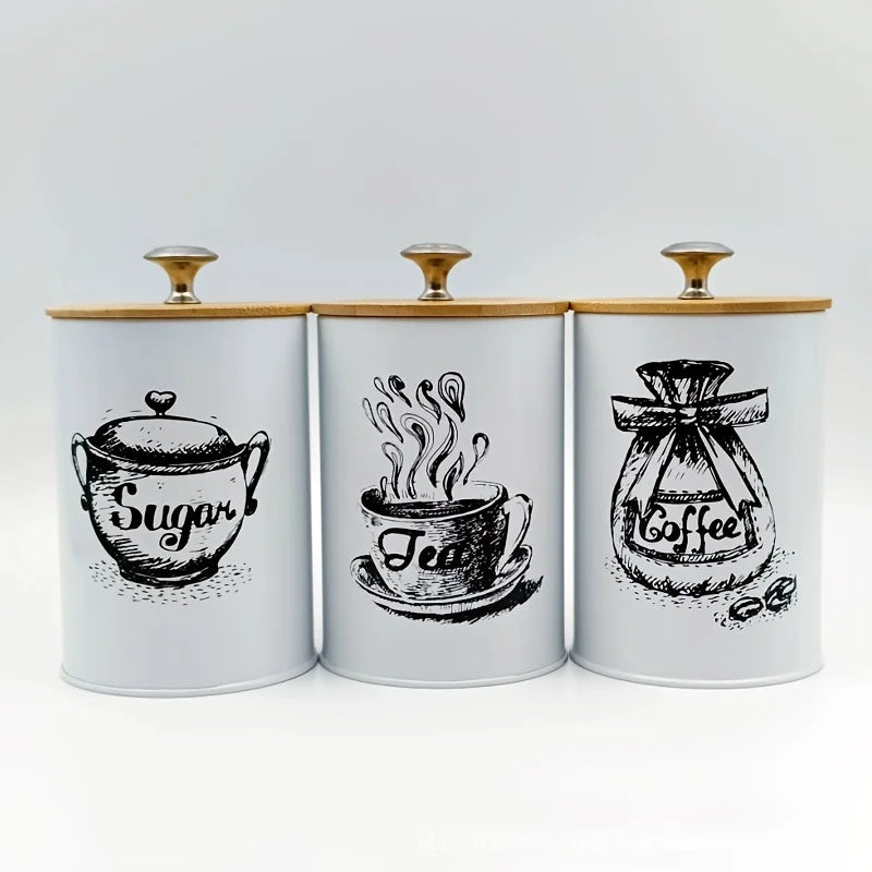 3Pcs Canister Set for Kitchen Counter, Coffee Sugar Tea Canister, Metal Vintage Kitchen Containers