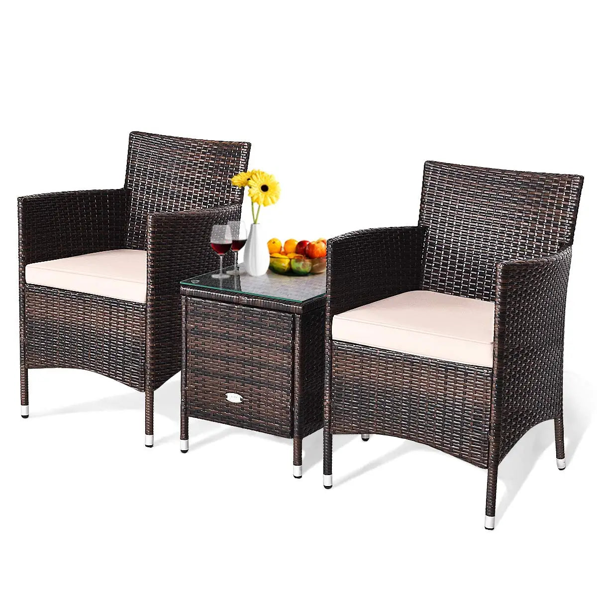 3‑Piece Patio Furniture Set – Wicker Rattan Chairs with Thick Cushions & Glass‑Top Coffee Table