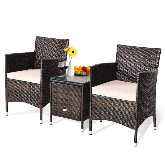 3‑Piece Patio Furniture Set – Wicker Rattan Chairs with Thick Cushions & Glass‑Top Coffee Table
