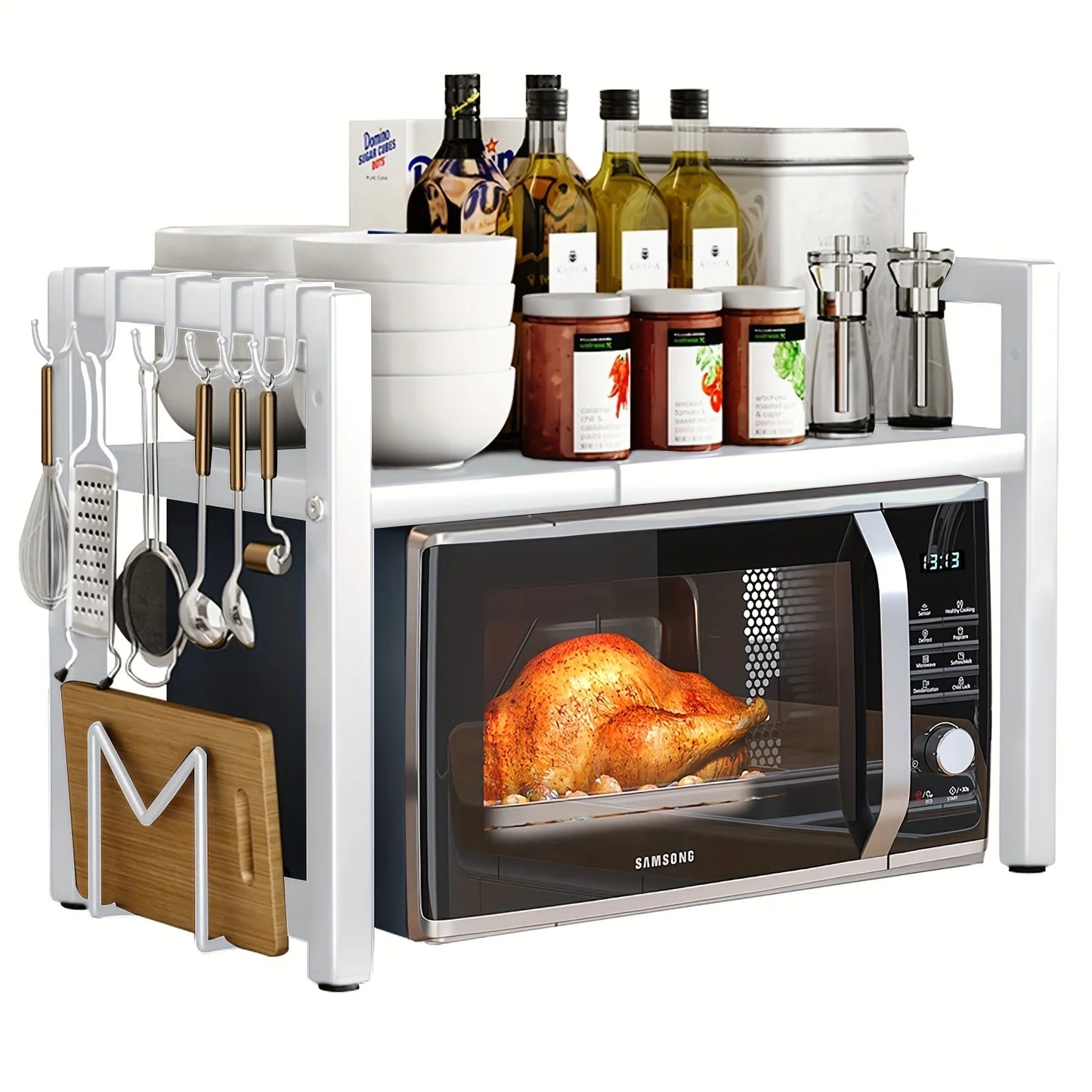 Adjustable Microwave Shelf (16"–25") – Expandable Kitchen Rack with 6 Hanging Hooks