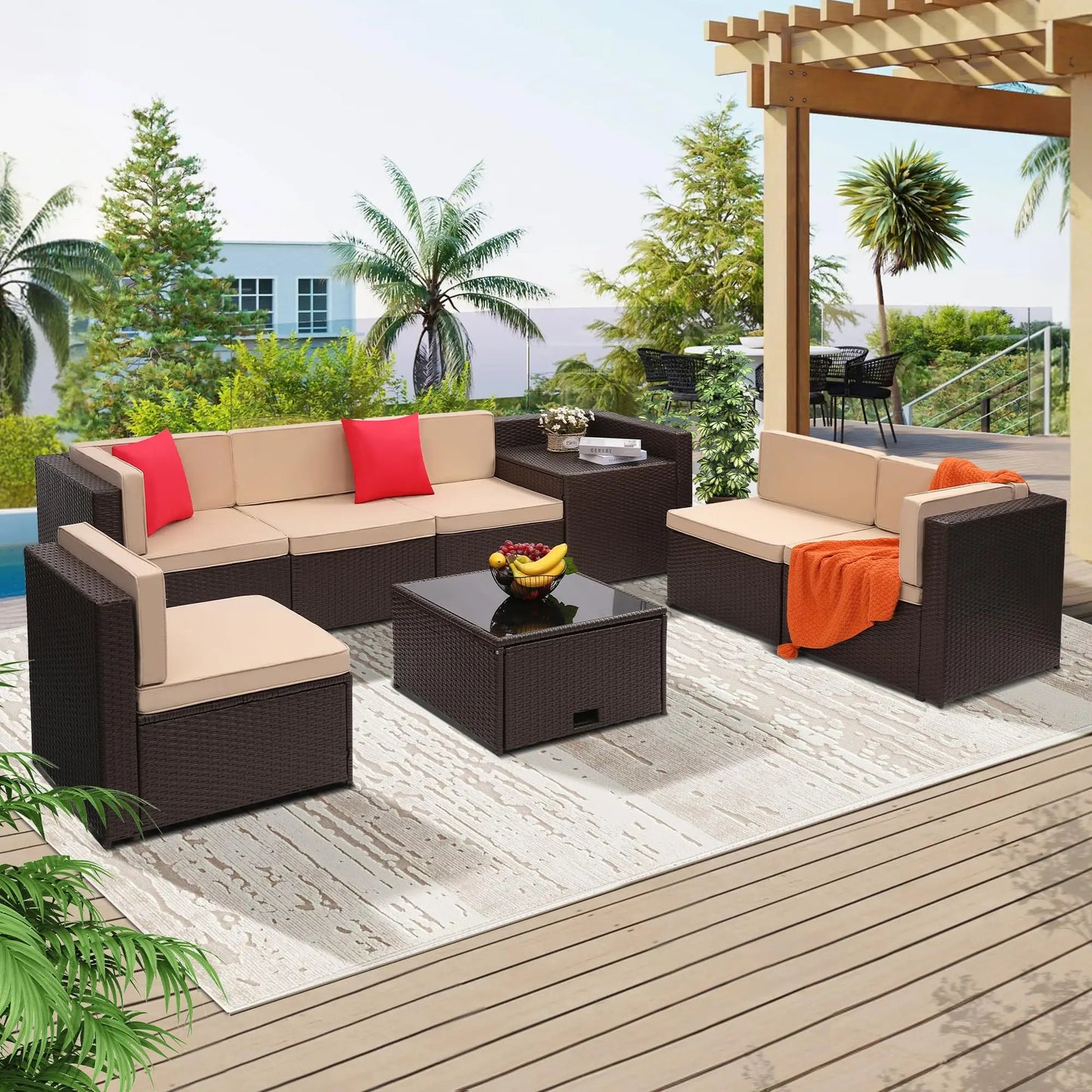4‑Piece All‑Weather Rattan Sectional Sofa – Outdoor Patio Furniture Set with Cushions & Tempered Glass Table