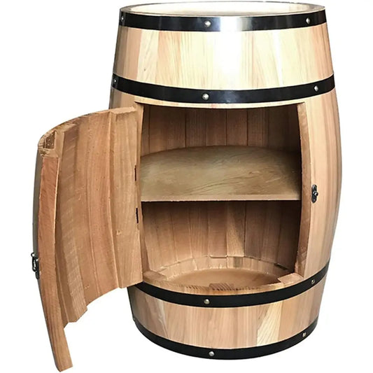 Solid Wood Oak Barrel Wine Cabinet with Locking Door - Decorative Barrel Display - Natural Wood Storage - Perfect Wine Cellar