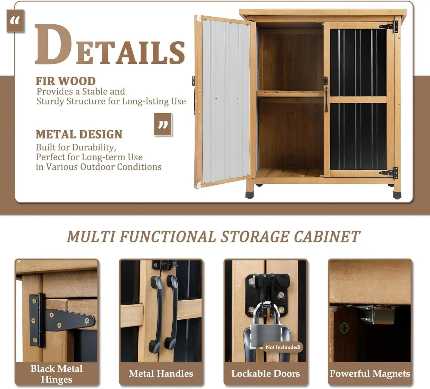 Weatherproof Outdoor Storage Cabinet with Lockable Doors, Wood & Metal