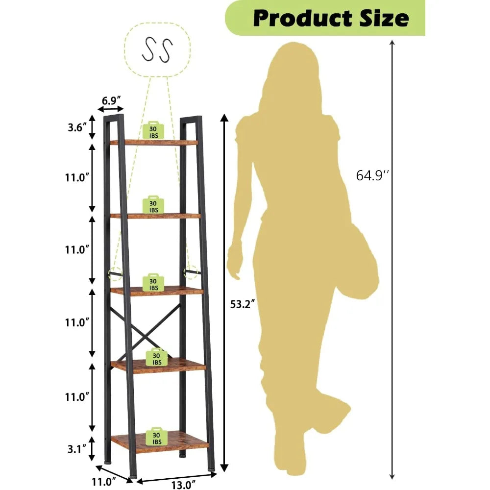 5-Tier Leaning Ladder Shelf Bookcase | Tall Narrow Storage Rack with Hooks