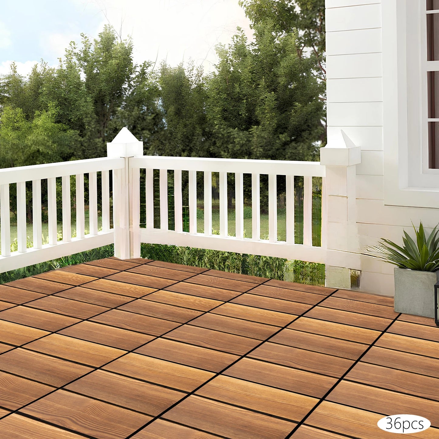 36‑Pack 12" x 12" Hardwood Interlocking Patio Deck Tiles – Natural Wood Outdoor Flooring for Patios, Balconies & Walkways