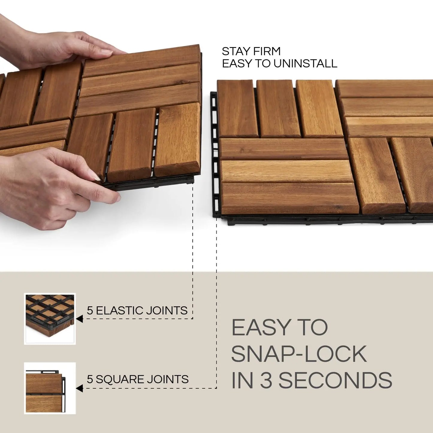 Acacia Wood Premium Deck Tiles 10- Pcs Outdoor,  Waterproof, Golden Teak Crossed Pattern 10 Sq Feet