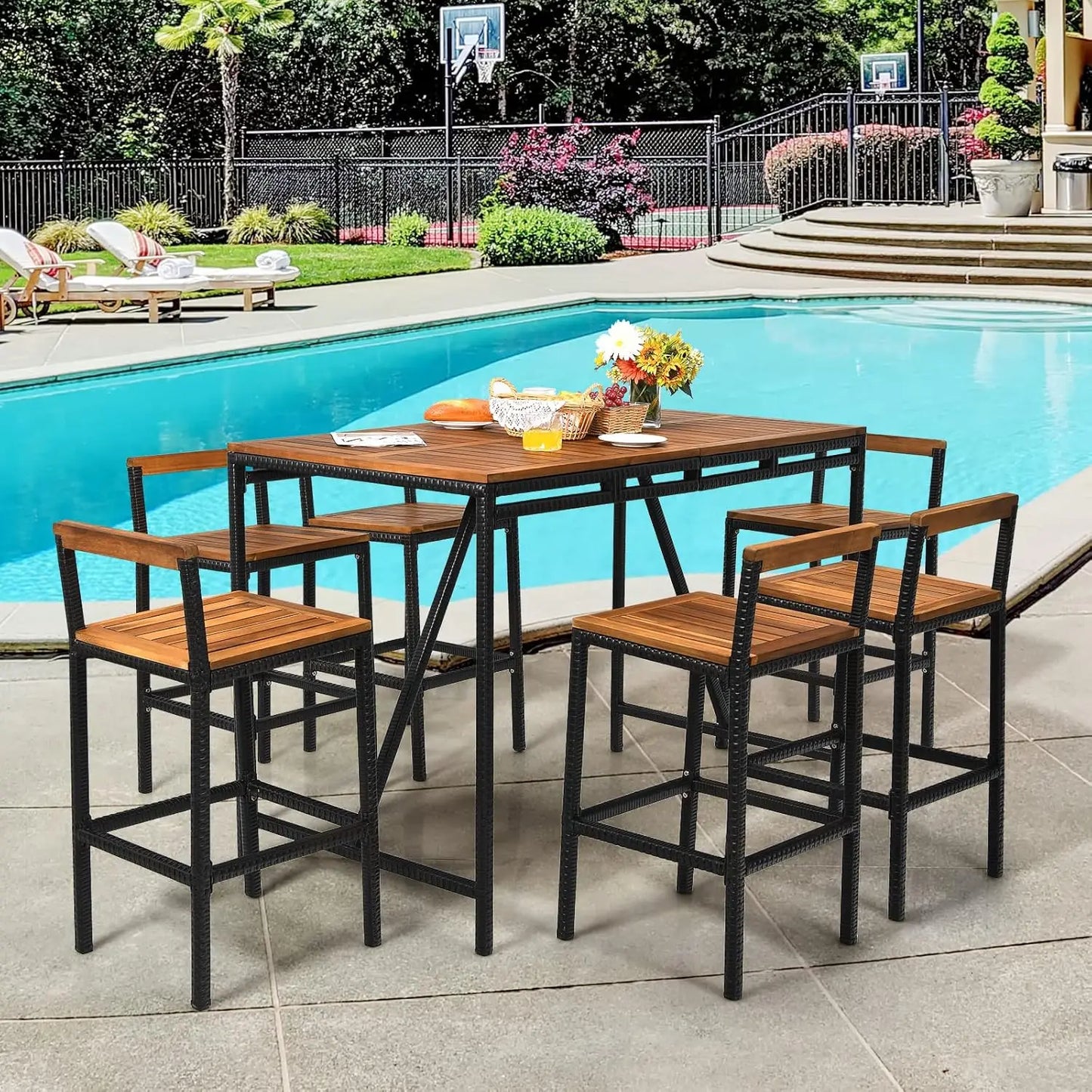 7pc Wood Bar Table Set w/ Umbrella Hole - High Bistro Table & 6 Stools