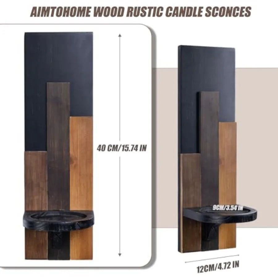 Wood Rustic Candle Sconces Set of 2 Wall-Mounted Pillar Candle Holders