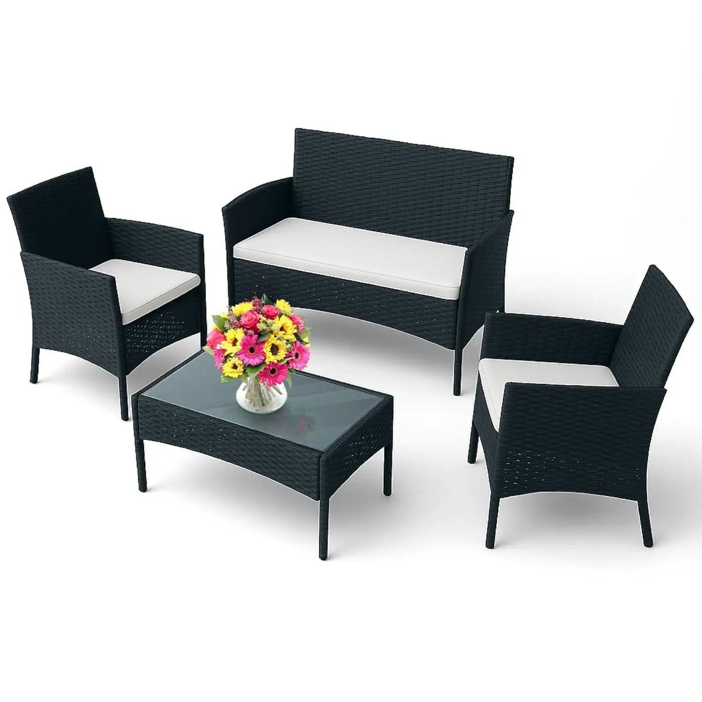 4-Piece Outdoor Patio Furniture Set - Patio Set with 2 Rattan Chairs, 1 Loveseat & 1 Glass -Top Coffee Table