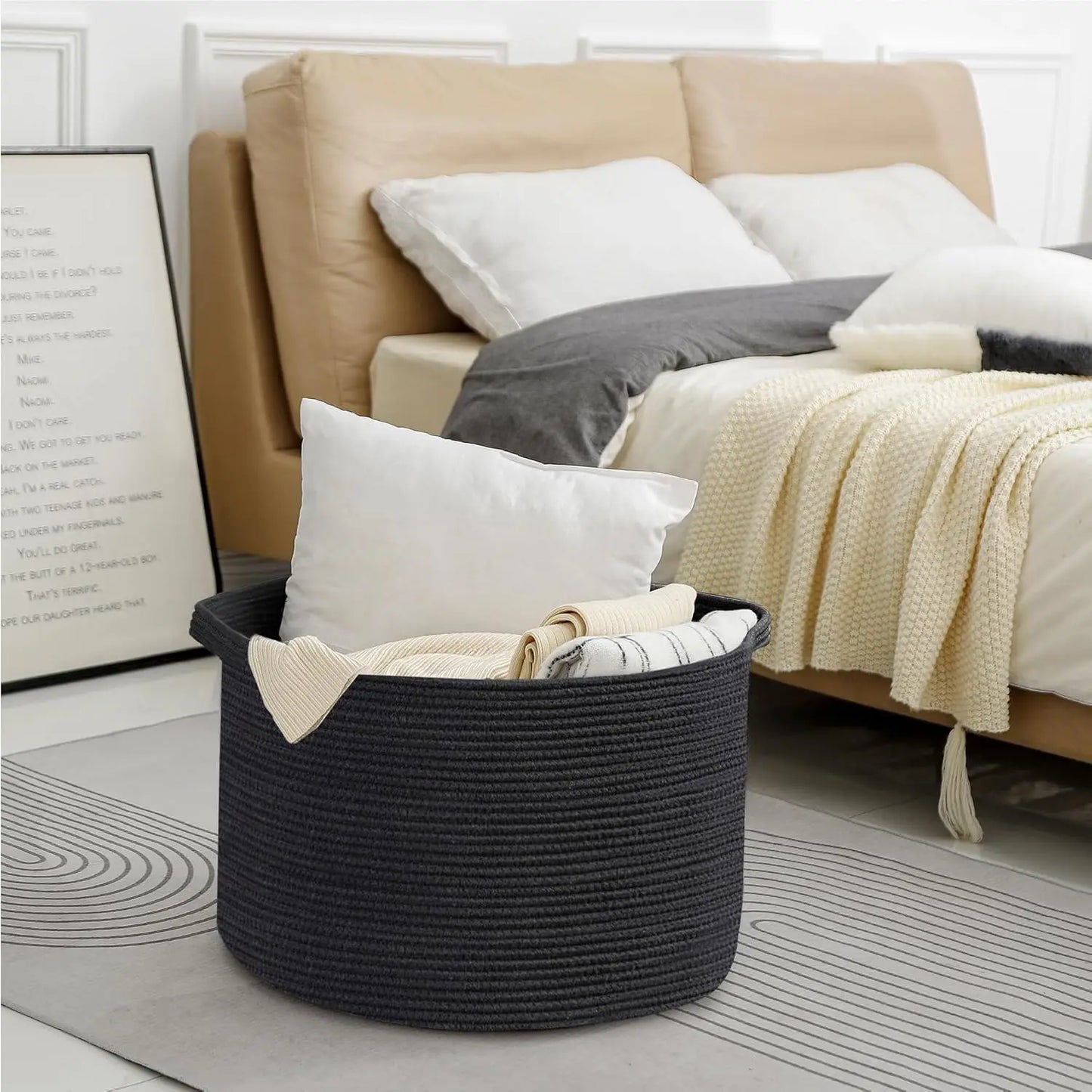 Large Black Woven Rope Storage Basket, 22x22x14 Inch Blanket Holder Toy Organizer