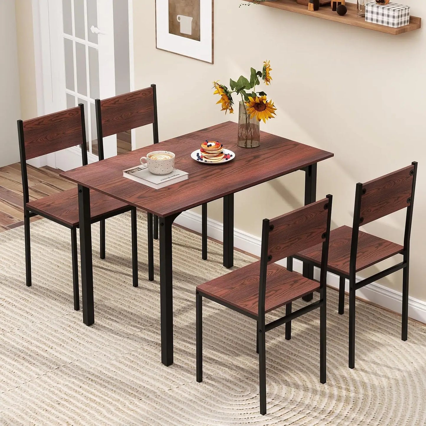 5-Piece Dining Table Set - Table and 4 Chairs with Backrest and Metal Frame