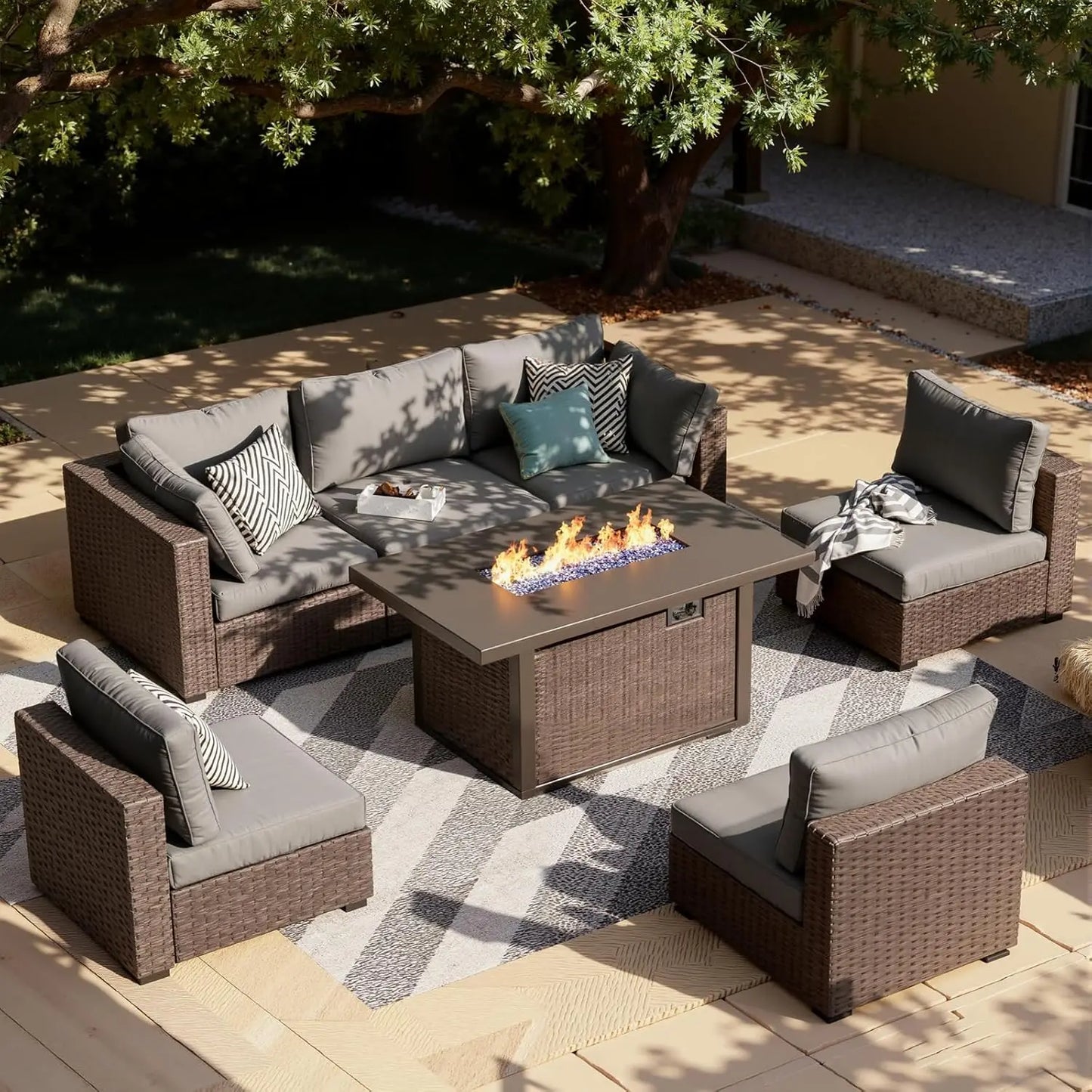 7-Pieces Patio Furniture Sets Outdoor Sectional Sofa with 44'' Propane Rattan Wicker Firepit Table
