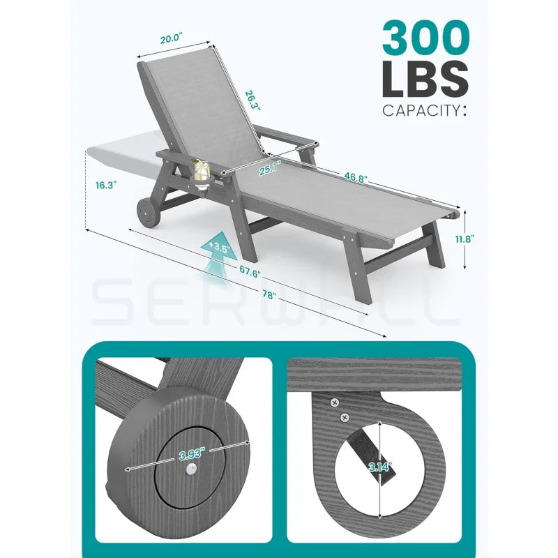 Patio Chaise Lounge Chair Set of 2, 5 Positions, Outdoor Lounger with Rolling Wheels