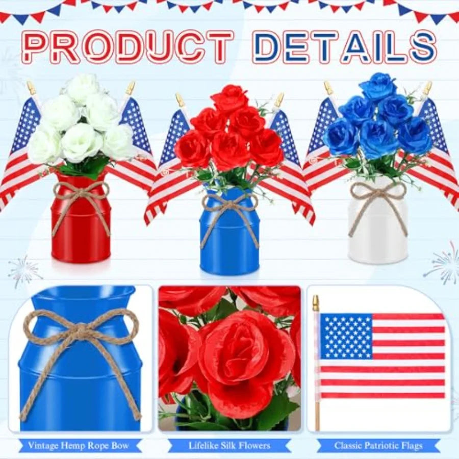 6‑Pack Patriotic Table Centerpieces – 4th of July Artificial Floral Arrangements with Metal Jars & American Flags