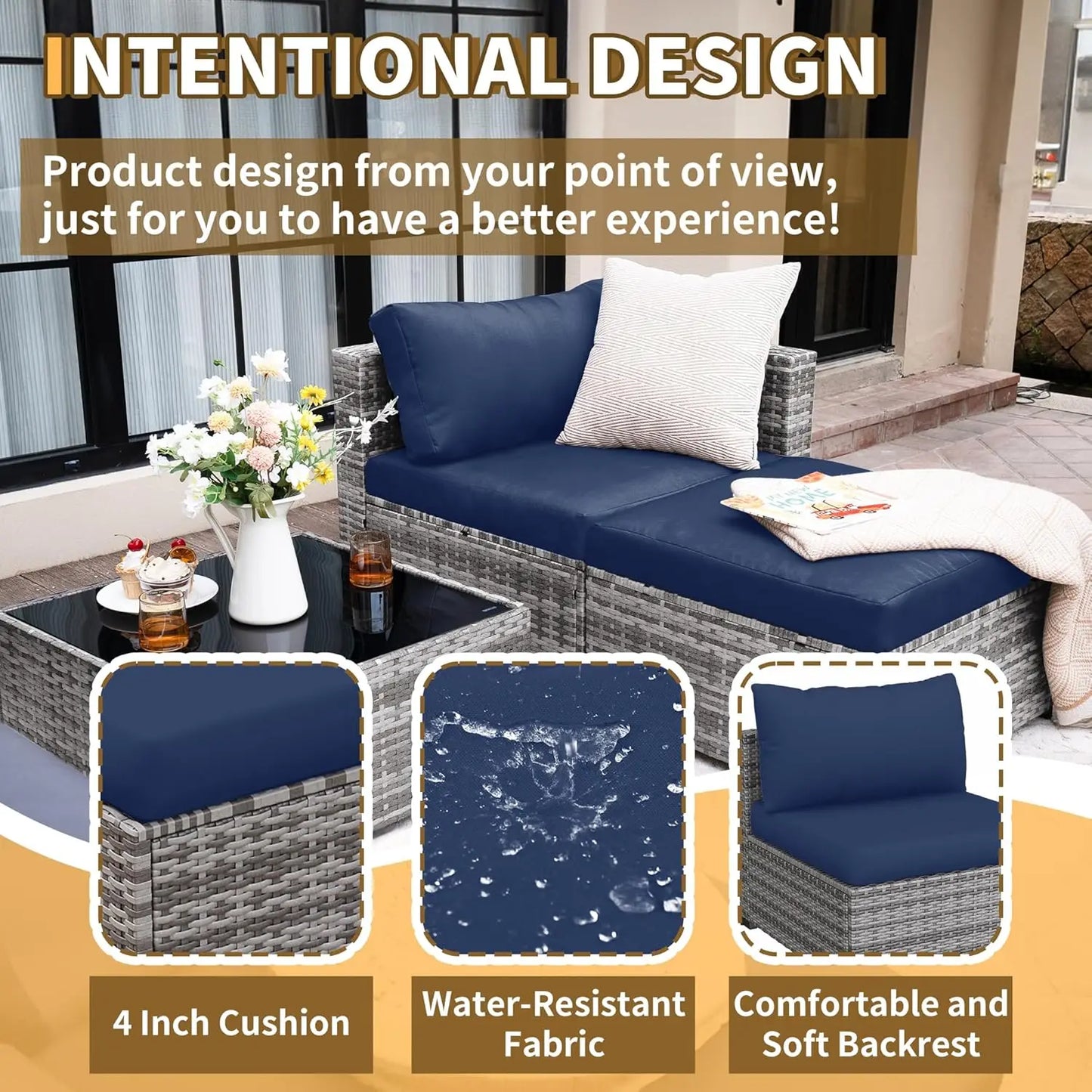 5 Piece Patio Furniture Set, All-Weather Wicker, L Shaped