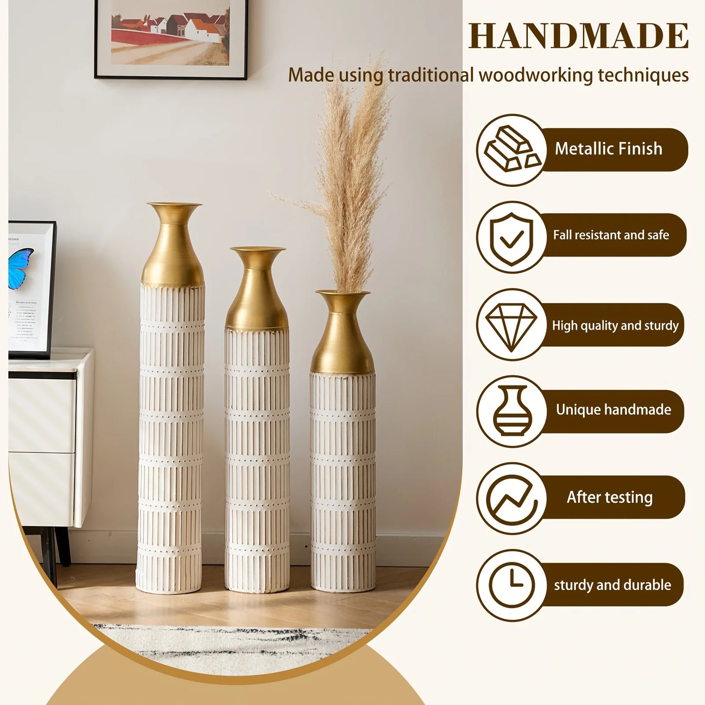 Modern Metal Floor Vases in Gold & White (Set of 3)