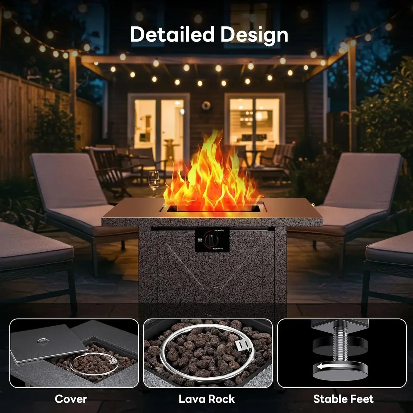 28" Propane Fire Pit – 3‑in‑1 Multi‑Use Outdoor Fire Pit Table with Lid & Lava Rocks