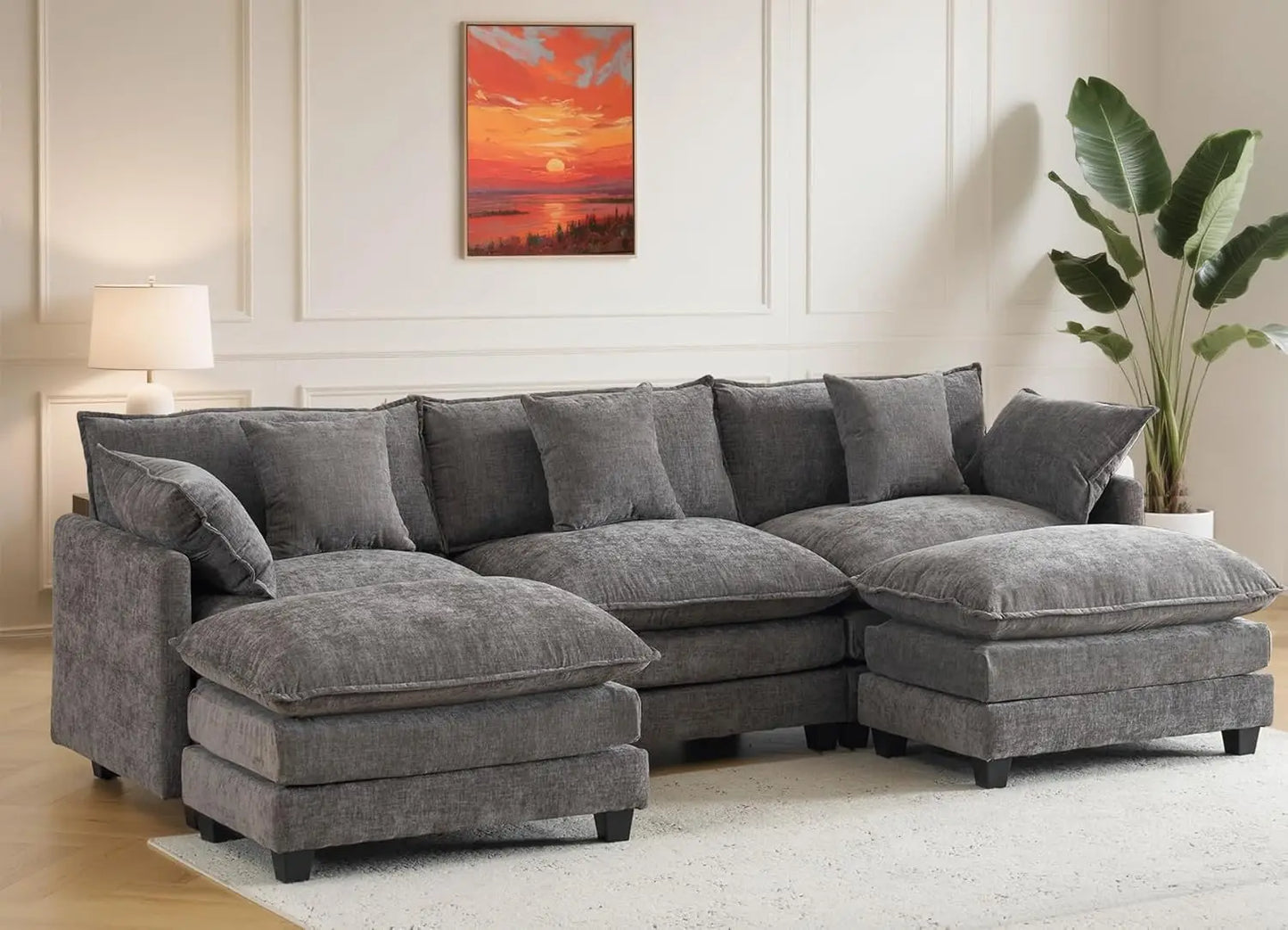 Modular Sectional Sofa with 2 Movable Ottomans, Deep Seats