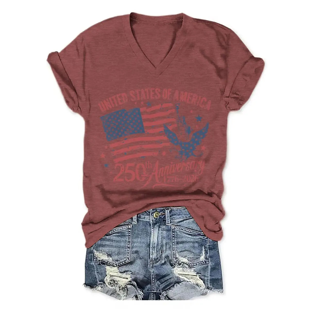 4th of July V-neck T-Shirt Women Clothing America 250th Anniversary Graphic T Shirt 1776-2026 USA 250th Birthday Tops