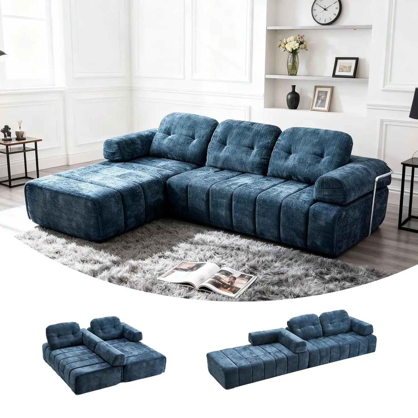 Modular Sectional Sofa with Chaise, L-Shape with Pillows and Side Pockets, 3-Seater
