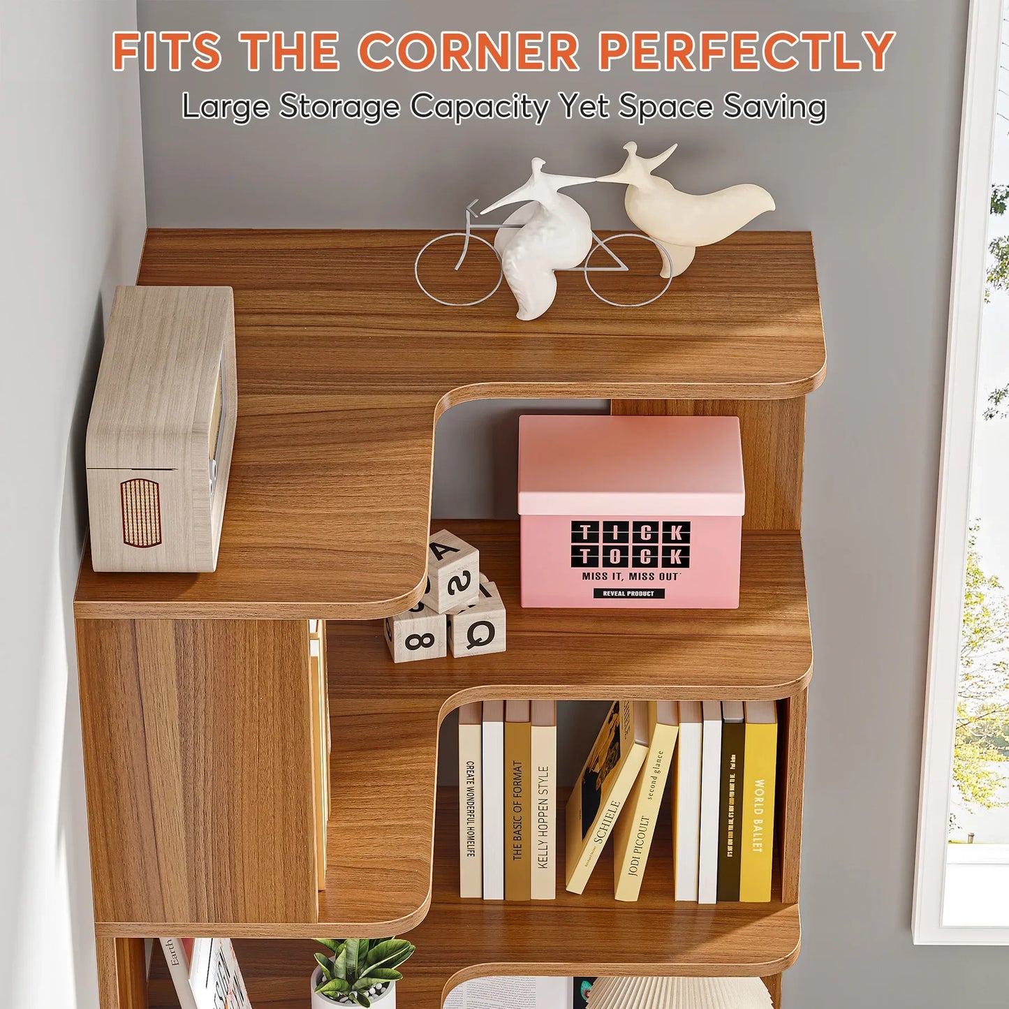 65" Tall Industrial Corner Bookshelf | 6-Tier Storage Bookcase with Anti-Drop Panels