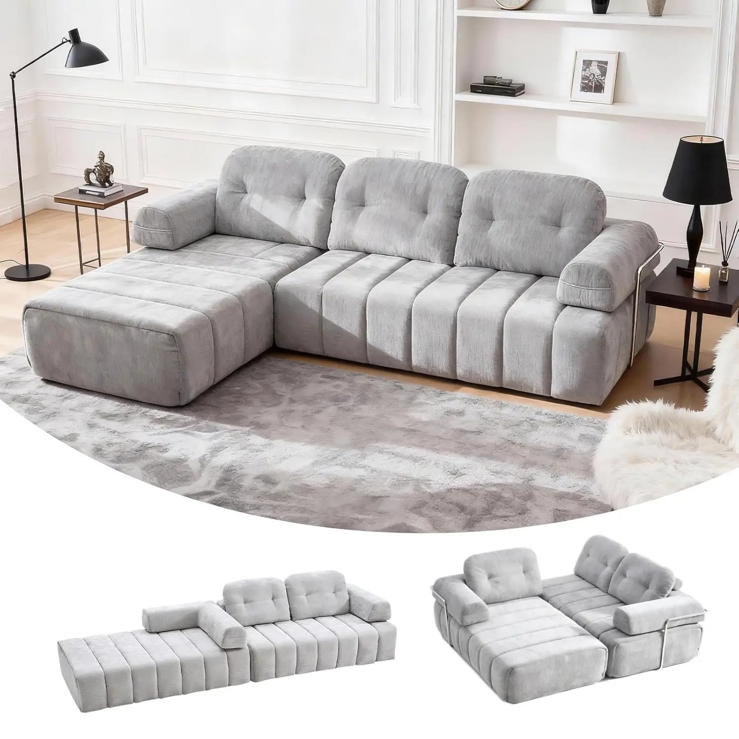 Modular Sectional Sofa with Chaise, L-Shape with Pillows and Side Pockets, 3-Seater
