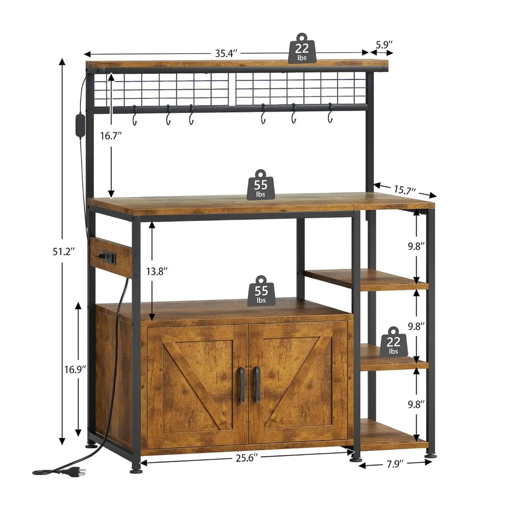 Bakers Rack with Power Outlet and LED Light, Microwave Stand with Storage Cabinet, Coffee Bar Cabinet Station