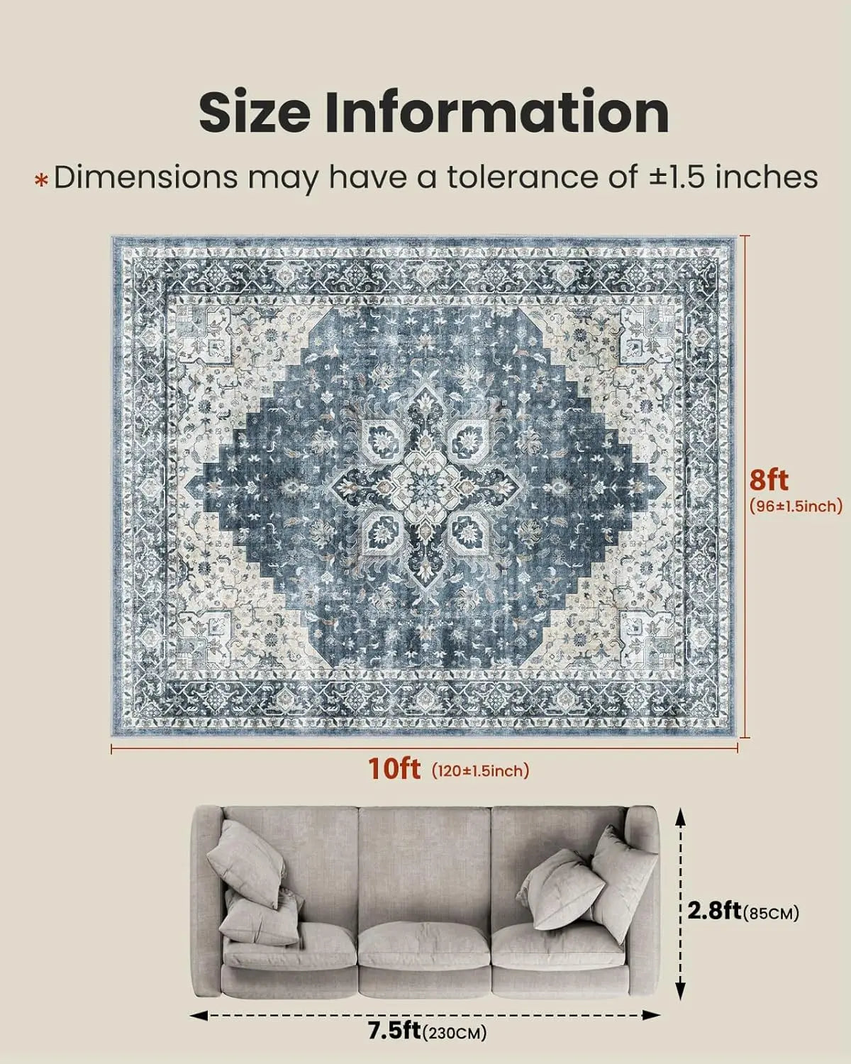 Washable Area Rugs, multiple sizes with Non-Slip Backing