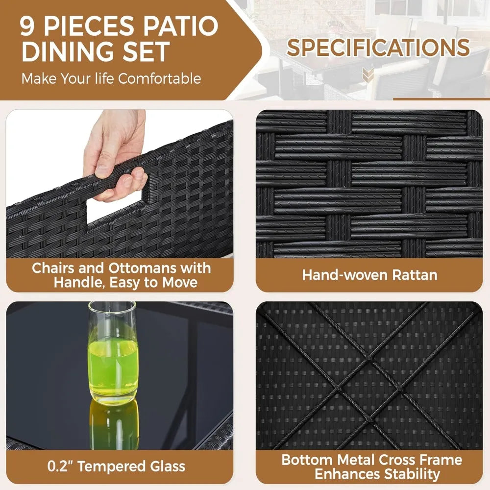 9‑Piece Patio Dining Set – Space‑Saving Rattan Chairs with Glass Table, Wicker Outdoor Conversation Furniture