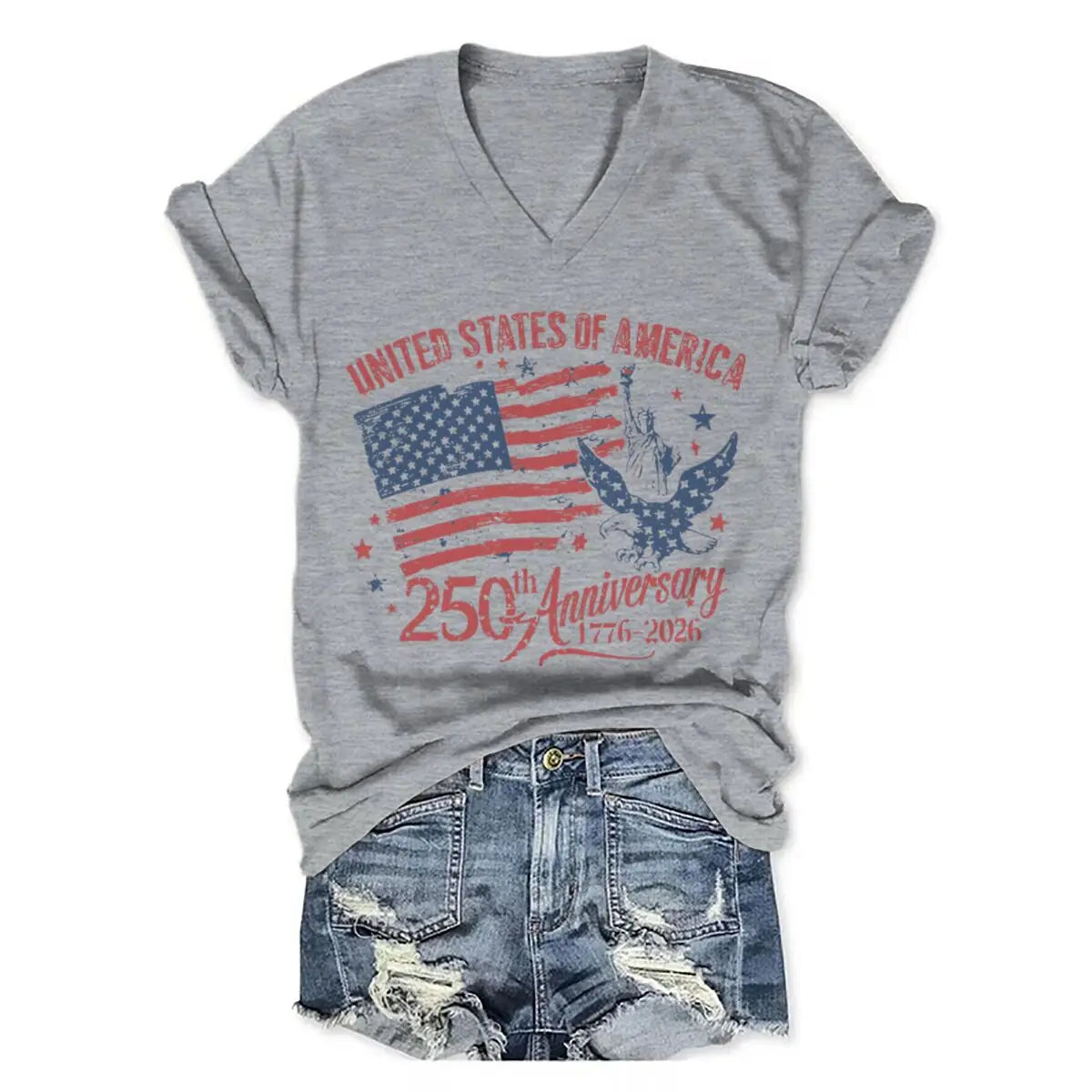 4th of July V-neck T-Shirt Women Clothing America 250th Anniversary Graphic T Shirt 1776-2026 USA 250th Birthday Tops
