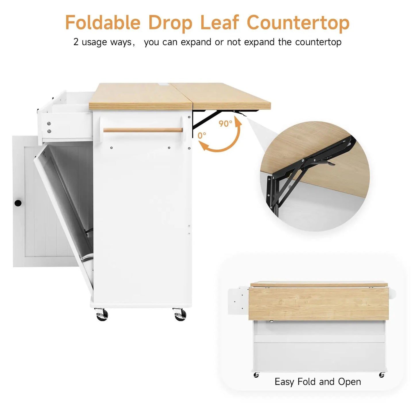 60" Mobile Kitchen Island with Table Drop Leaf, Power Outlets, Spice & Towel Rack, and Trash Cabinet