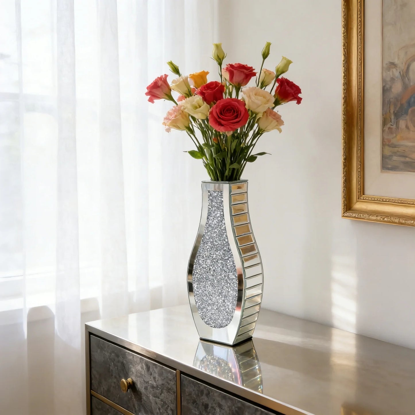 Modern Crushed Diamond Mirror Vase – Crystal‑Accented Decorative Flower Vase for Home Styling