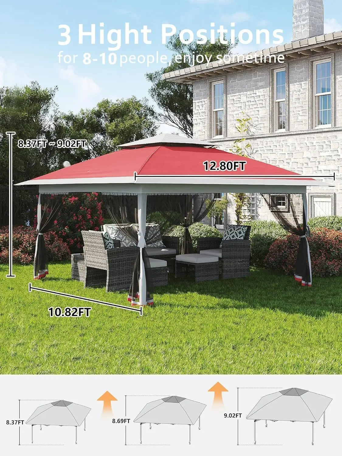 13×13 FT Outdoor Folding Gazebo – 4‑Sided Mosquito‑Net Shed with Cantilevered Eaves & Roll‑Up Canopy Awning