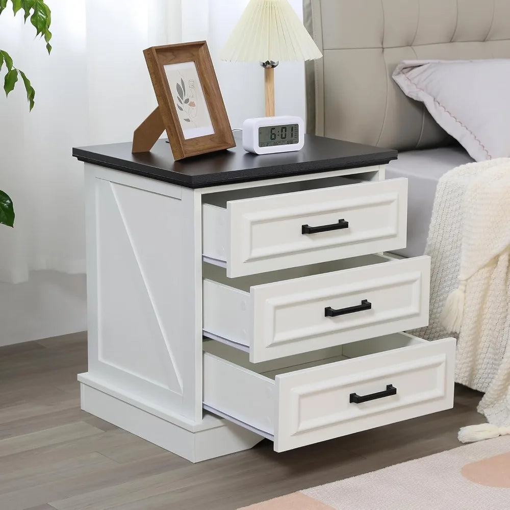 Farmhouse Nightstand Set of 2 – Wood Bedside Tables with Charging Station and 2 or 3 Drawers
