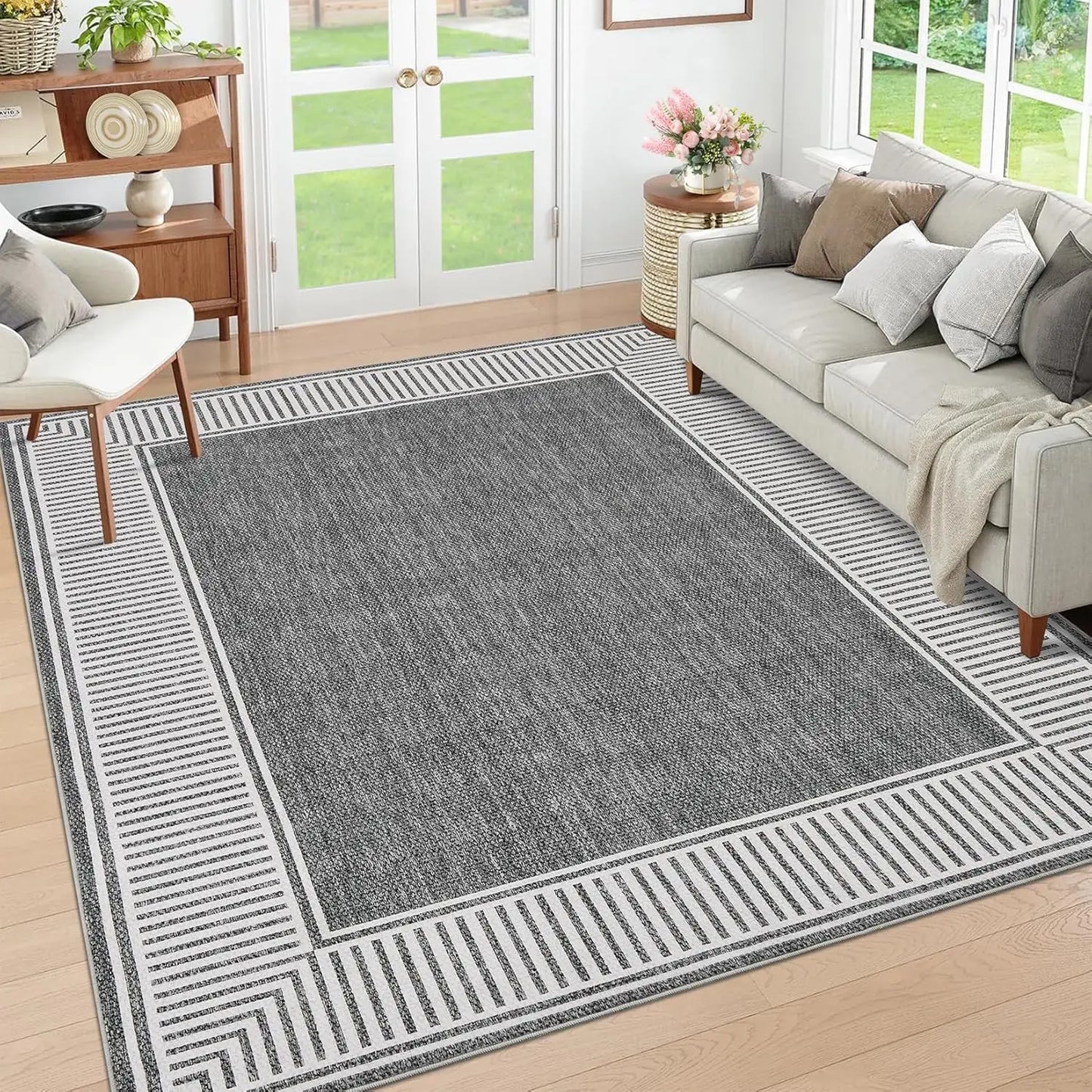 9x12 Modern Bordered Accent Rug,  Foldable