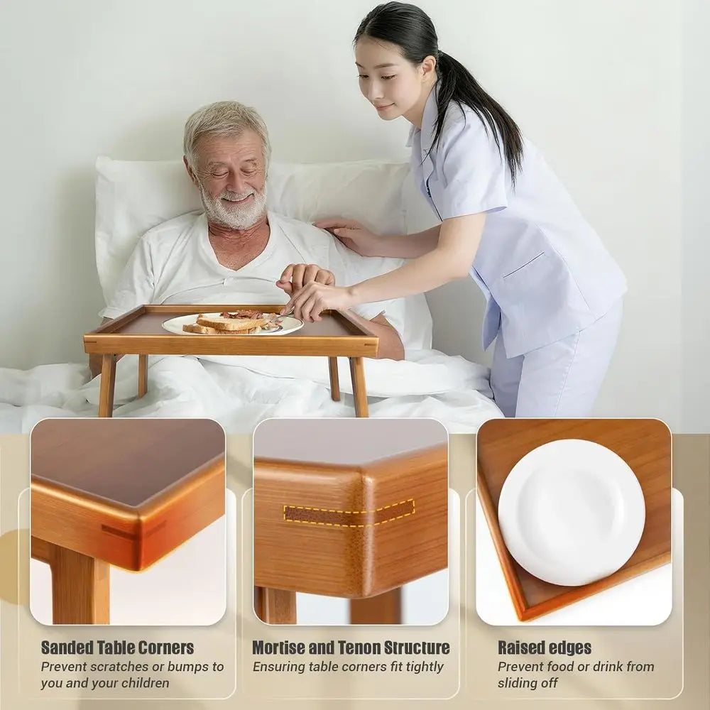 Adjustable Bamboo Breakfast Table – Folding Legs Bed/Sofa Tray for Eating, Laptop Work & TV Viewing