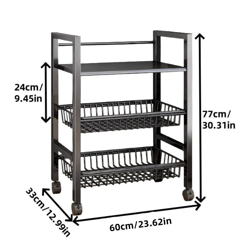 3‑Tier Mobile Kitchen Storage Rack – Adjustable Shelves with 2 Wire Baskets & Organizer