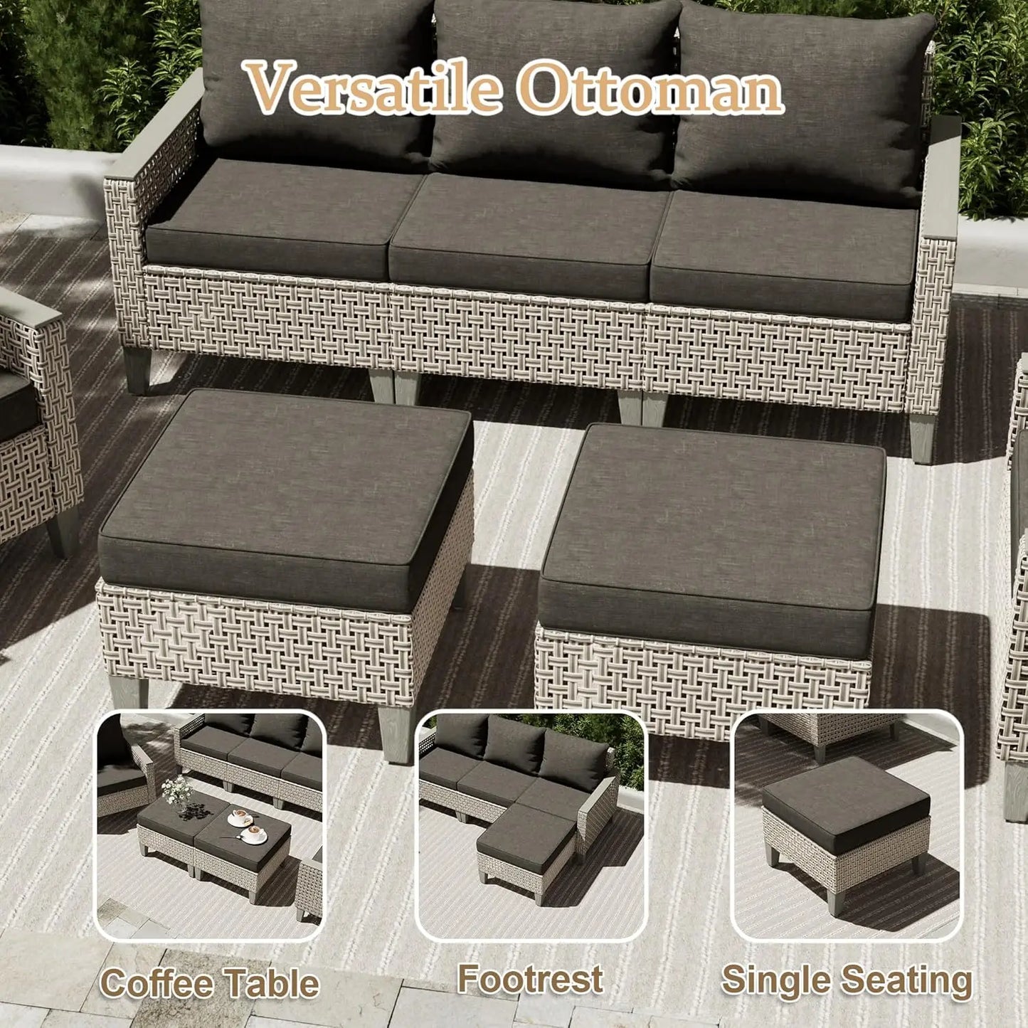 8‑Piece Outdoor Sectional Sofa Set – Fire Pit Table, Ottomans & Thick Cushions, Modern Rattan Design