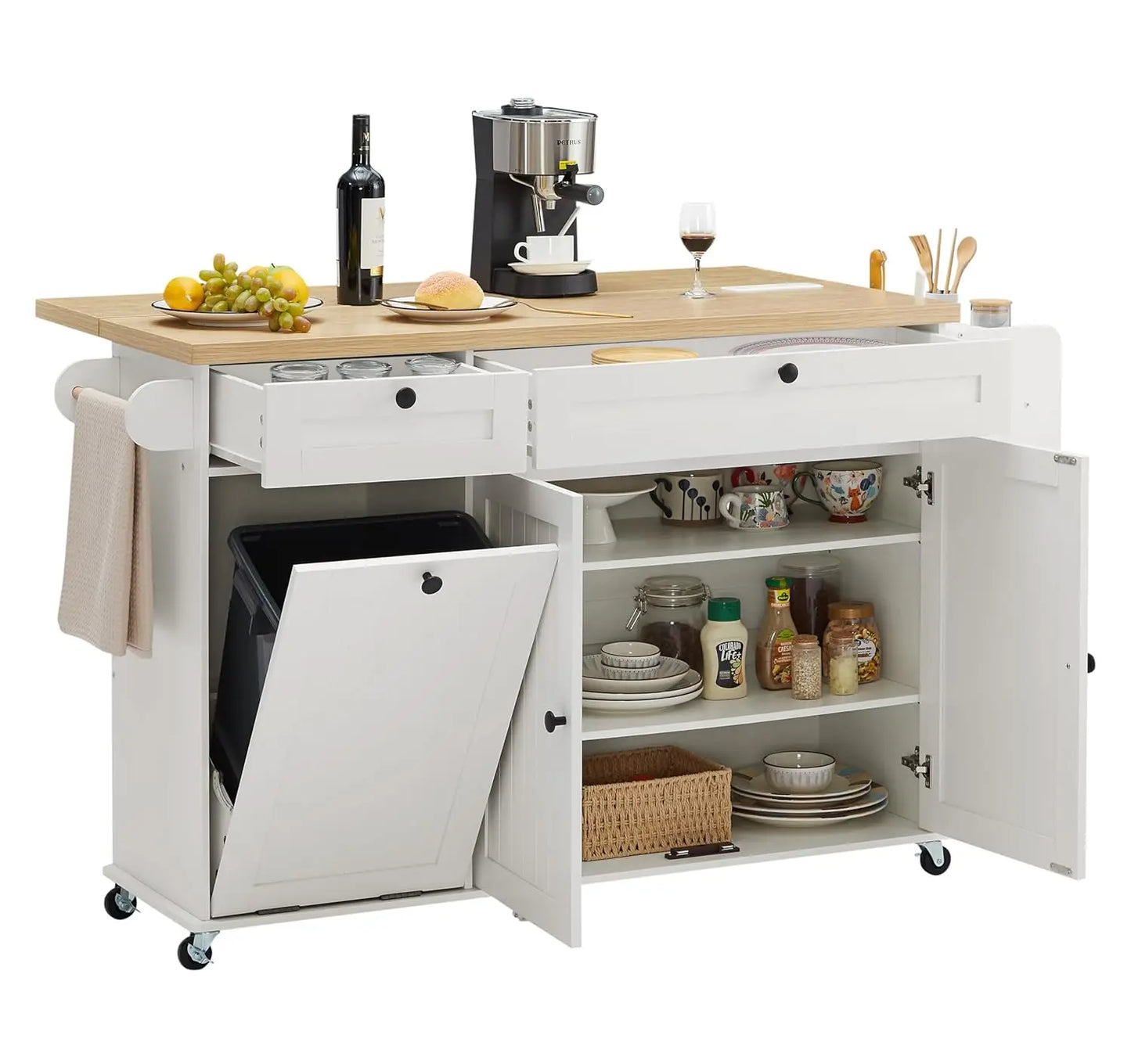 60" Kitchen Island with Power Outlet & Drop Leaf, Rolling Kitchen Island with Spice Rack, Towel Rack & Knife Slot