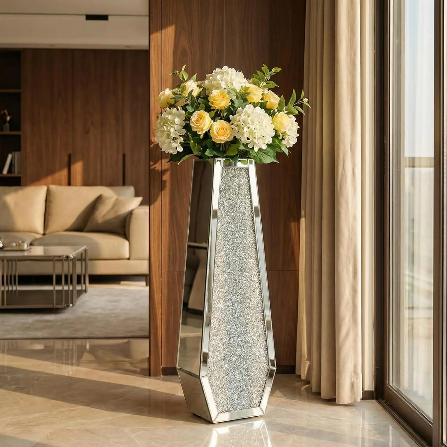 30" Large Crushed Diamond Mirrored Floor Vase – Double‑Sided Crystal Tall Decorative Vase for Home Décor